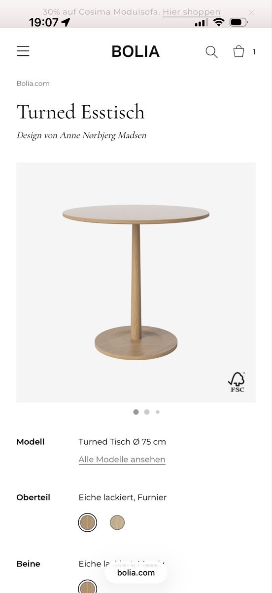 Bolia Tavoli: Bolia Turned Table Esstisch Eiche rund 75 cm - NP 1849 CHF – Nuovo (secondo la descrizione) da Zürich venduto da den_t9wl
