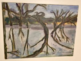 Magy Seiler Acrylgemälde signiert Landschaft Spiegelbild