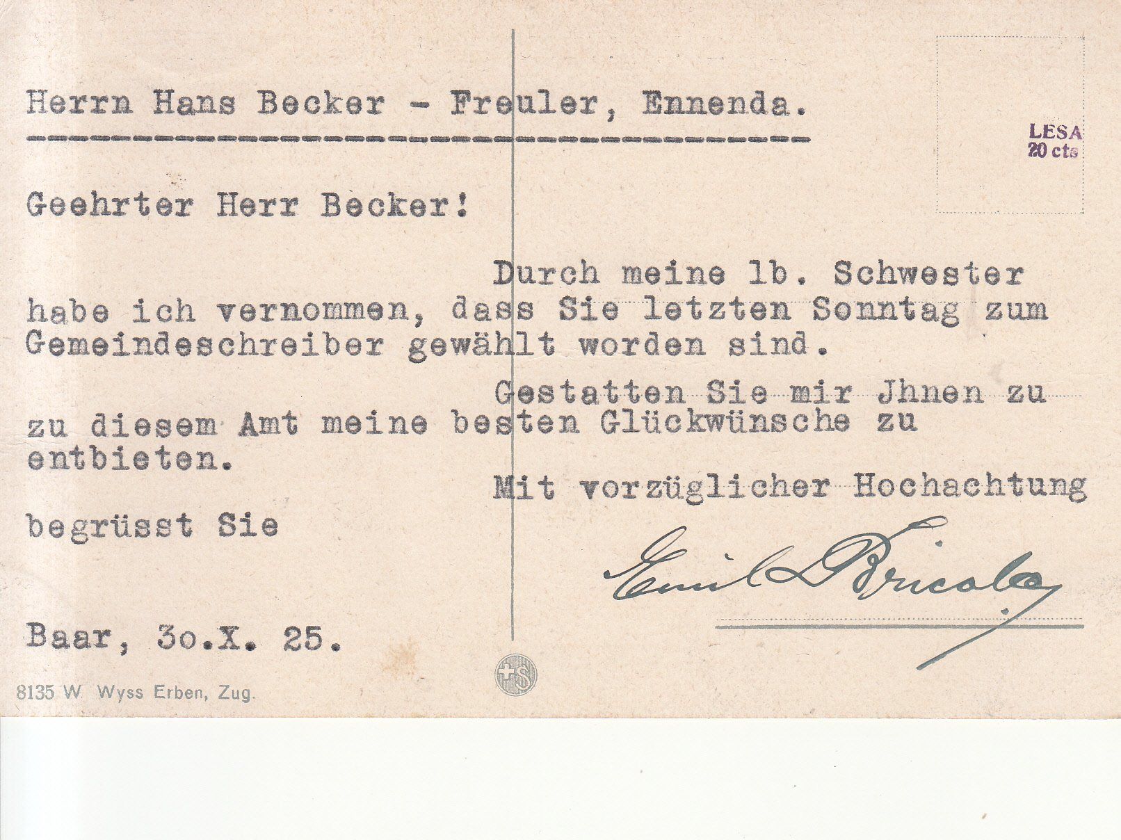 Ansichtskarten: Zug 1925 – Gebraucht aus Bürglen TG von StampGraf 1