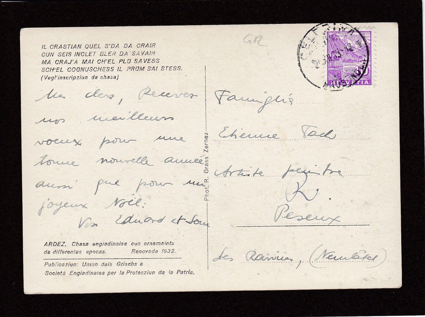 Cartoline postali: ARDEZ Chasa engiadinaise, 1935 – Usato da Reiden venduto da cinfis 1