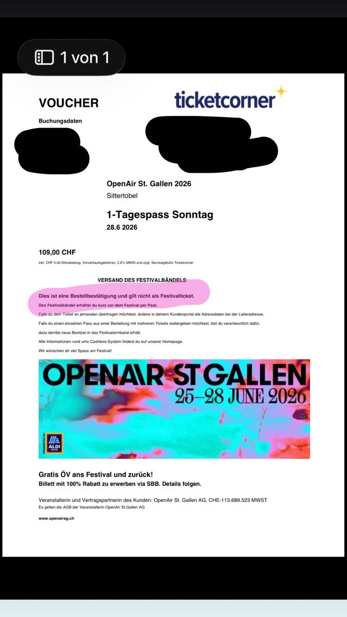 Biglietti: Openair St.Gallen Sonntag 1-Tagespass – Nuovo e nell'imballaggio originale da Boppelsen venduto da yar_7fws
