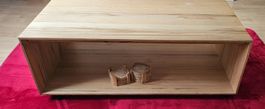 Table basse de luxe en hêtre massif + roulettes état neuve