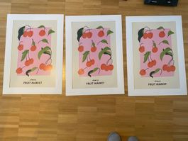 3er Set Kirsch-Drucke im Rahmen, "Cherry Fruit Market"