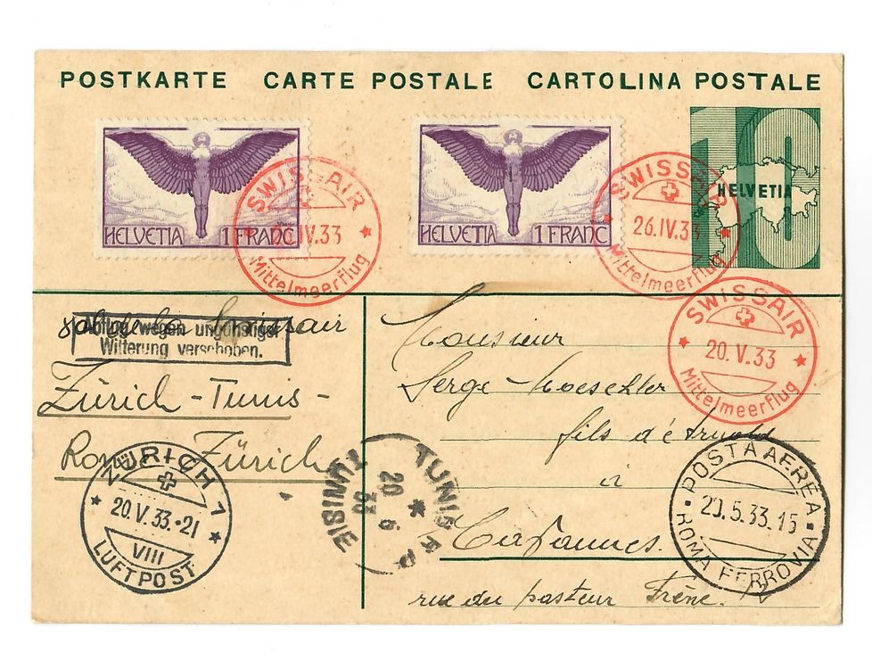 Postkarte mit Luftpost F12 - Zürich Tunis - Swissair - 1933 (Gebraucht ...