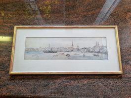 Zürich Zeichnung farbig unter Glas in Echtgoldrahmen