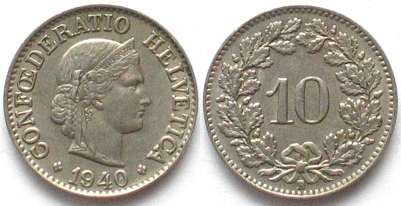 Alle Münzen: Schweiz EIDGENOSSENSCHAFT 10 Rappen 1940 Ku-Ni – Gebraucht aus Riehen von sesambestcoins2004