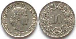 Schweiz EIDGENOSSENSCHAFT 10 Rappen 1940 Ku-Ni
