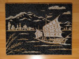 stone painting boat and mountains 