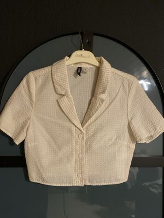 Sommerbluse gecroppt, Gr. 34, beige/weiss
