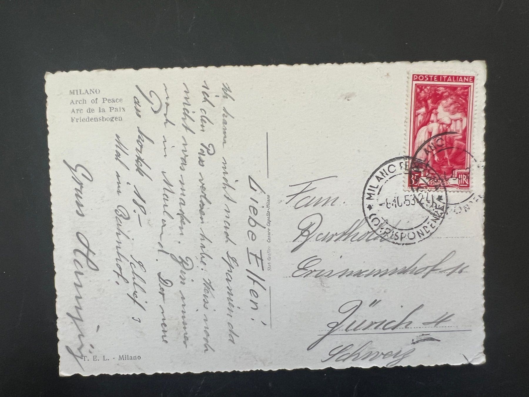Cartoline postali: AK  1927 Milano Arco della Pace   (G473) – Usato da Hinwil venduto da Sidi4 1