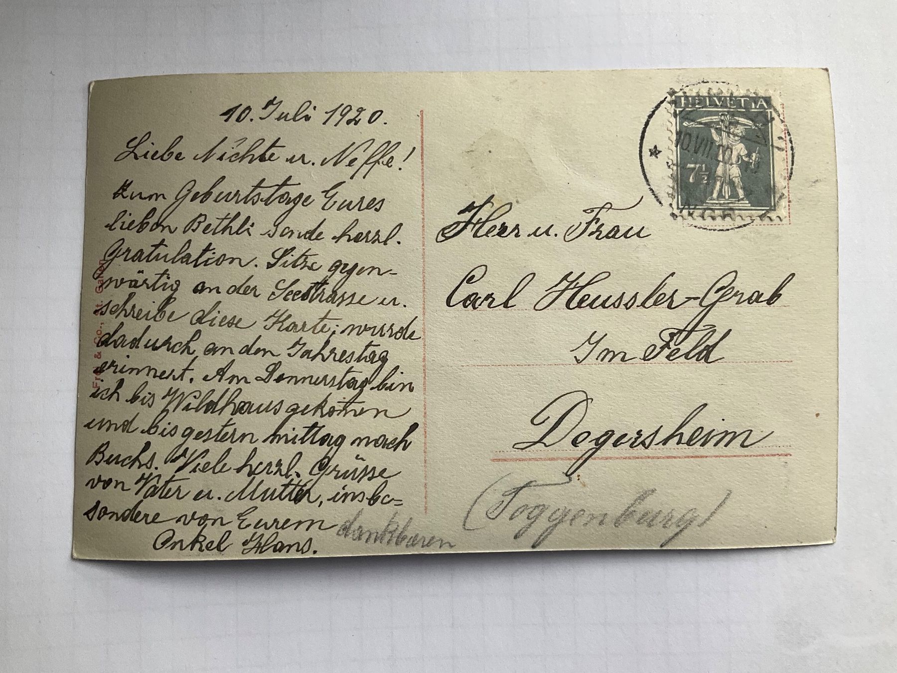 Cartoline postali: Degersheim  1920 – Usato da schlieren venduto da Retton 1