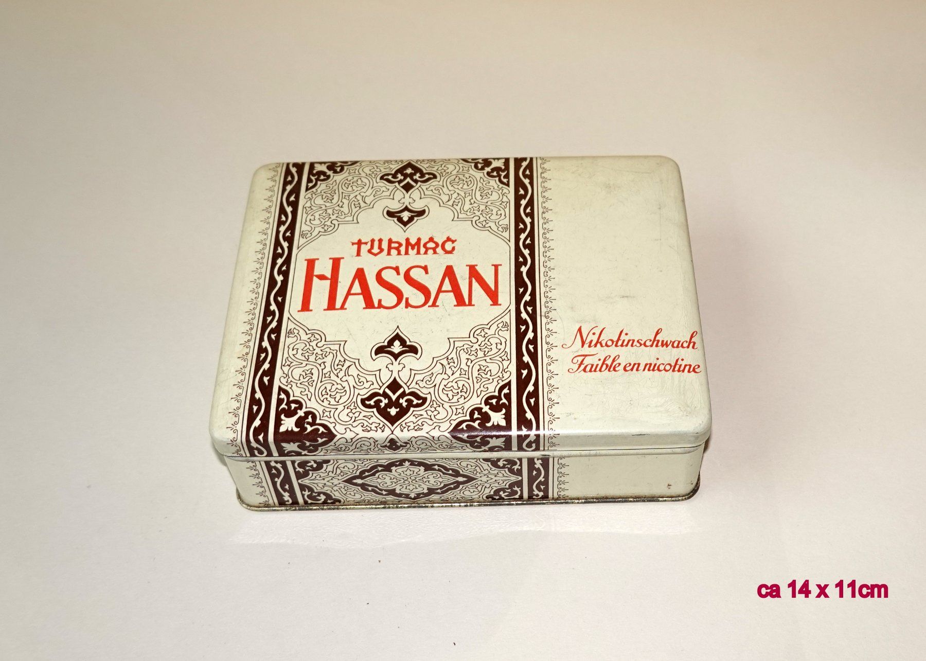 Tabacchi: Alte Weissblech Zigarettendose - TURMAC HASSAN – Usato da Brunnen venduto da brocundfloh