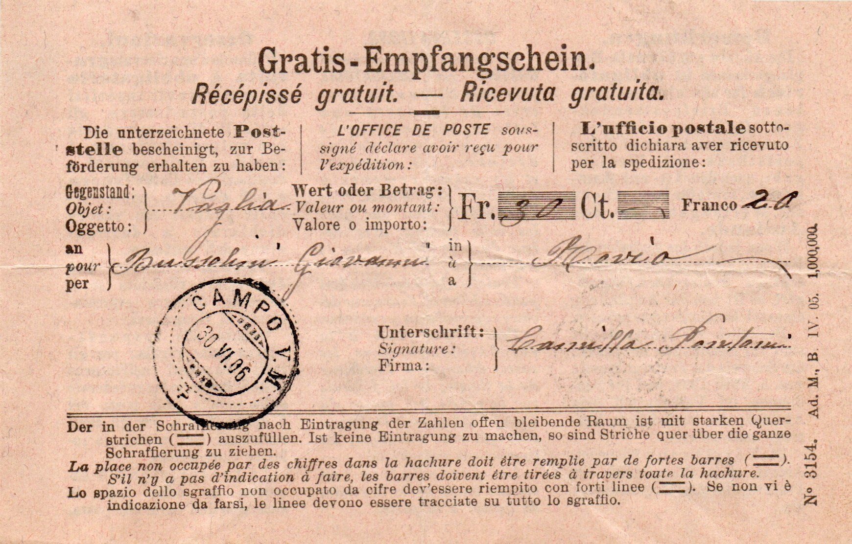 Tutti i francobolli: 1906 Campo V.M. - Ricevuta gratuita – Usato da Melano venduto da pisonsdro