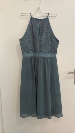 Cocktailkleid grüngeau, Grösse 40 Spitze und Pailletten