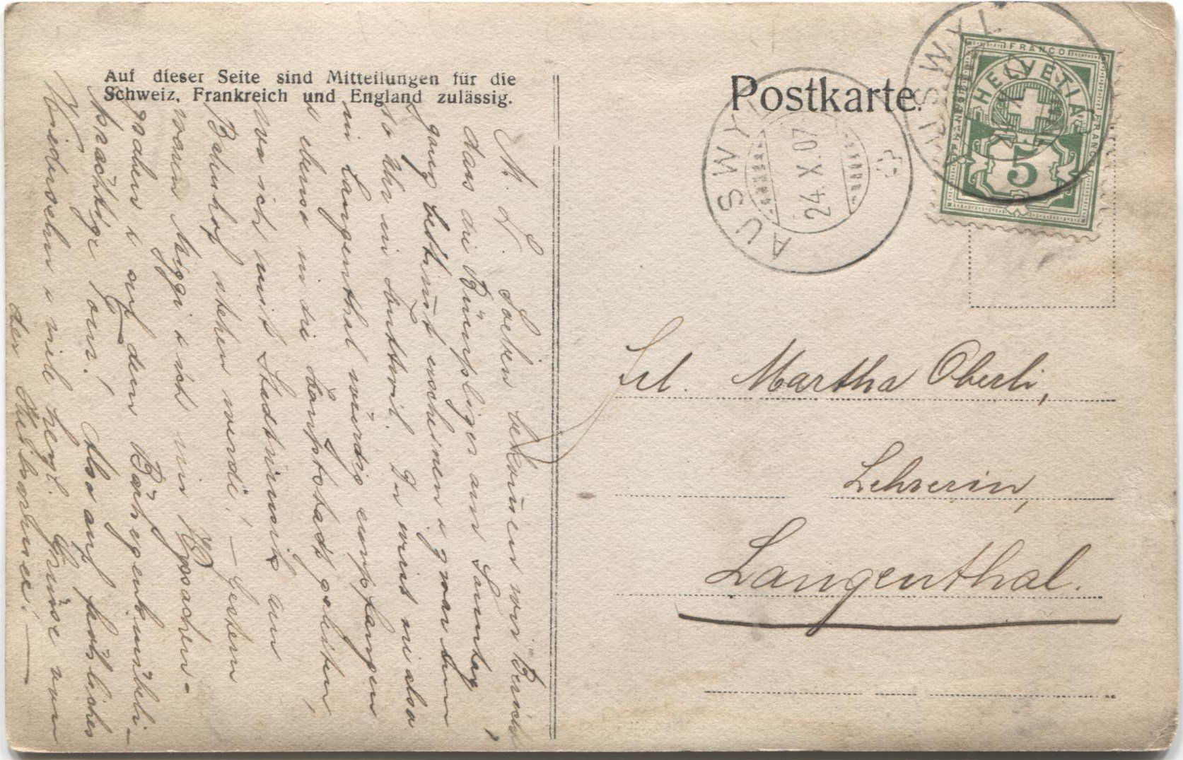 Cartoline postali: AUSWIL (?) BE 1907 – Usato da Rothrist venduto da Clanx 1
