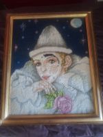 Kreuzstichbild Clown mit Rose Echt Holzrahmen guter Zustand