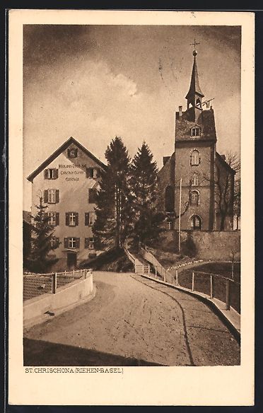 Ansichtskarten: Riehen-Basel, Strassenpartie mit Kirche  – Gebraucht aus Berlin von bartko-reher
