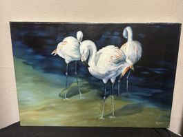 Eleganter Ölkunstdruck mit Flamingos –handveredelt, signiert