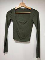 Olivgrünes Crop Langarmshirt mit Ausschnitt, Grösse XS