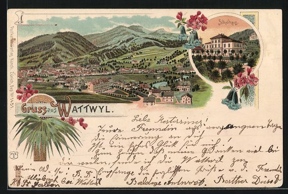 Cartoline postali: Litho Wattwyl, Schule, Gesamtansicht mit – Usato da Berlin venduto da bartko-reher