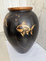 Grosse vintage Boden Vase, bauchig, braun, Fische, Pflanzen