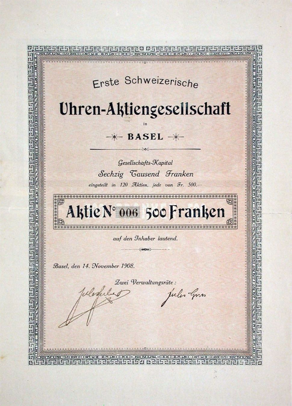 Documenti: Erste Schweizerische Uhren-AG in Basel - 1908 – Usato da Solothurn venduto da Sgasche