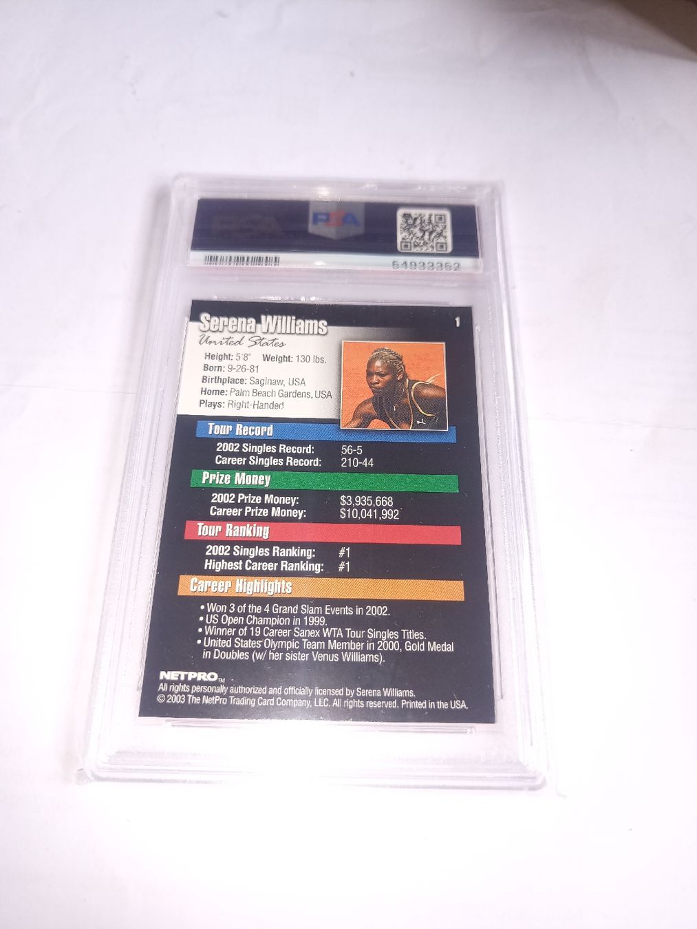Cartes à collectionner: Carte Serena Williams 2003 NETPRO GEM MT 10 – Neuf (Voir description) à Nax par sdr_p79l 2