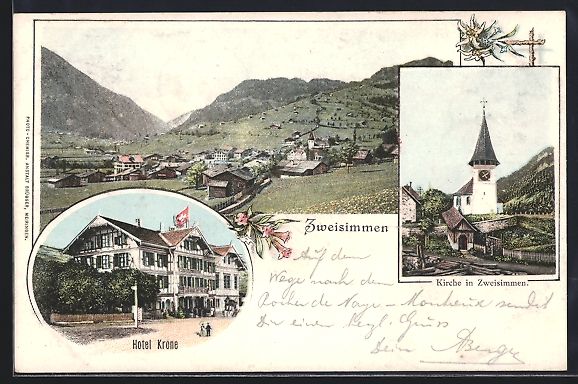 Cartoline postali: Zweisimmen, Hotel Krone, Kirche, Ortsans – Usato da Berlin venduto da bartko-reher
