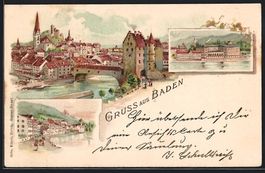 Litho Baden, Flusspartie mit Brücke, Uf