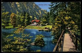 AK Blausee, See mit Chalet und Holzbrücke