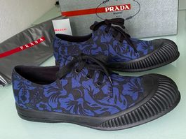 PRADA Baltico Calture Print Blau Stoff Low Sneaker 43.5 NEUE