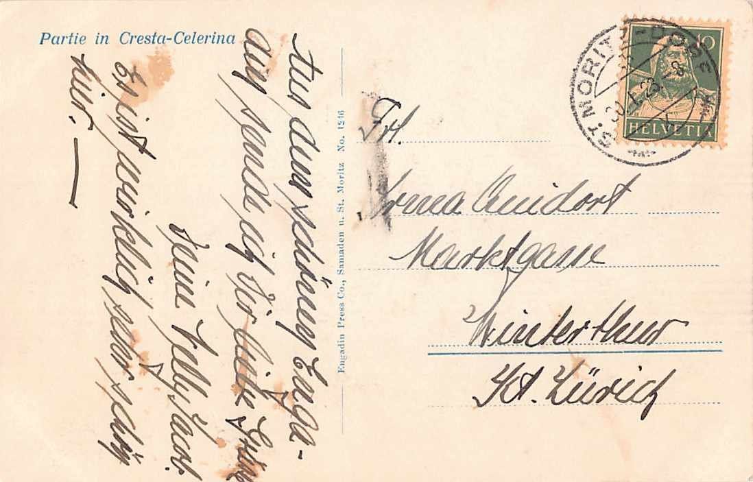 Cartoline postali: GRUSS aus CRESTA-CELERINA GR 1923 – Usato da Winterthur venduto da SchatzchischtliWinti 1