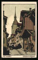 Steindruck-AK Alt-Aarau, Strassenpartie 