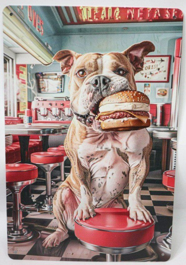 Schilder: Blechschild Bulldog im Diner mit Hamburger – Neu (gemäss Beschreibung) aus Eschenbach SG von Astalavista