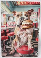 Blechschild Bulldog im Diner mit Hamburger
