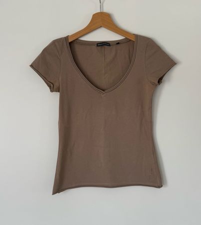 Marc O'Polo Damen T-Shirt Gr. S Taupe Beige V-Ausschnitt 
