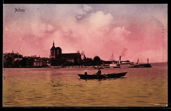 Ansichtskarten: AK Arbon, Kirche bei Sonnenuntergang – Gebraucht aus Berlin von bartko-reher