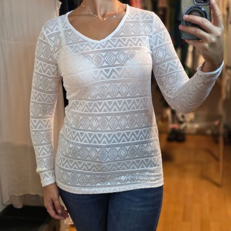 Weisses Damen-Shirt M – Spitze Lochmuster Langarm