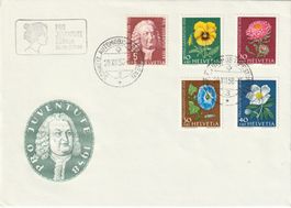 Satz 1958 auf Sonderumschlag, 10 Rp Marke mit Abart Retouche
