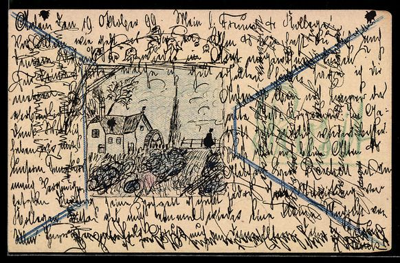 Cartoline postali: Handgemalt: Aalen, Ortspartie mit Herren – Usato da Berlin venduto da bartko-reher