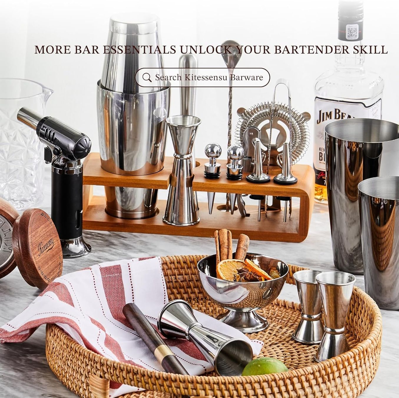 Services de table: Cocktail Shaker Set Edelstahl mit Bambus Ständer Silber – Neuf avec emballage d'origine à St. Gallen par sch_zsz7 5