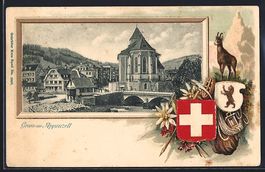 Litho Appenzell, Ortsansicht mit Wappen