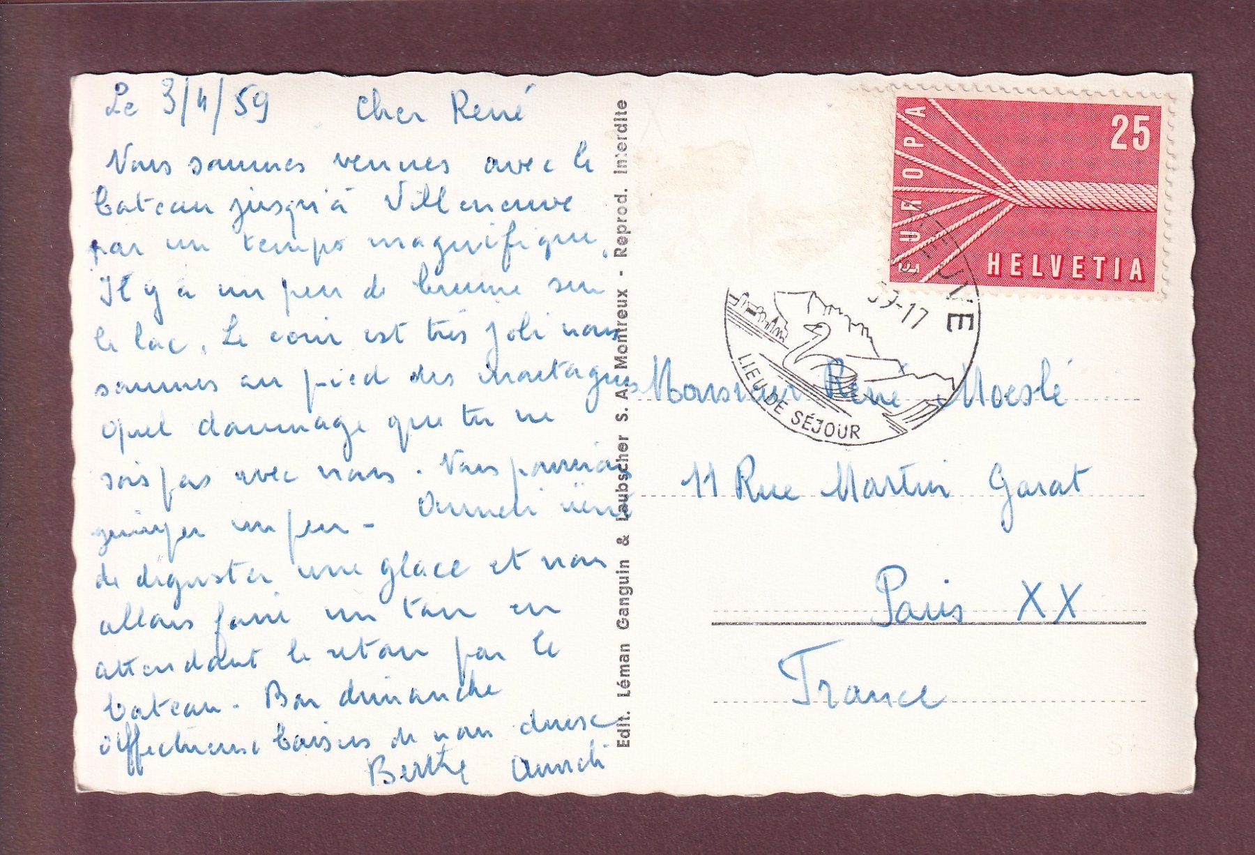 Cartoline postali: CHILLON et Dents du Midi vus de Glion - 1959 – Usato da Pully venduto da nicecards-shop 1