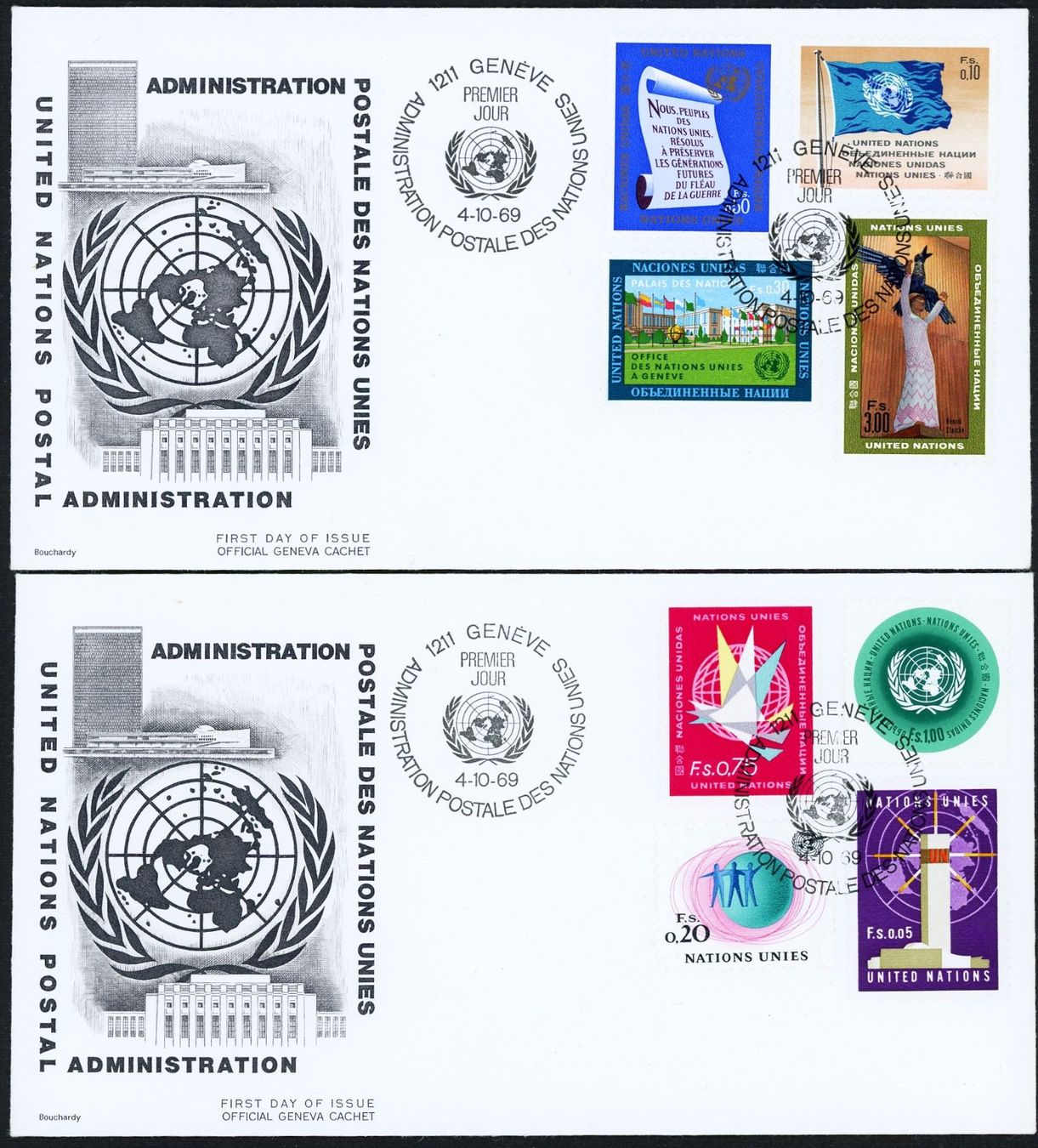 Tutti i francobolli: UNO Genf 1969/70: erste Serie auf FDC – Usato da Basel venduto da Strubelibs 1