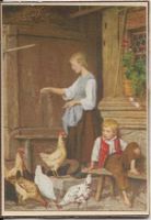 Anker Albert Frau füttert Hühner Karton  10 x 7 cm  Motiv