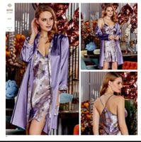 Elegantes Satin-Negligé Set in Lila - 2-teilig