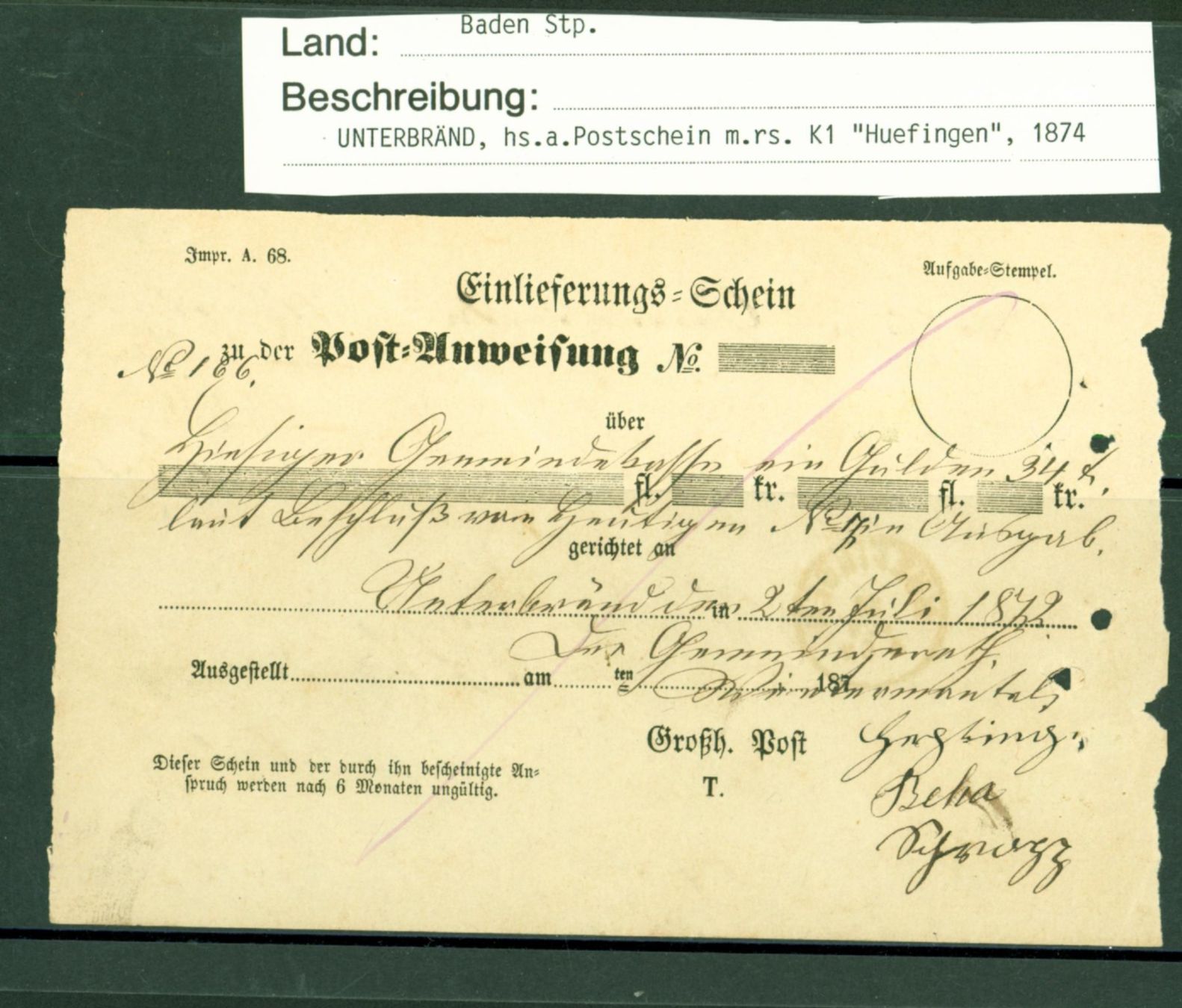 Tutti i francobolli: Vorphilatelie BADEN POSTSCHEIN 1874 (AX435) – Usato da Seuzach venduto da Harri19