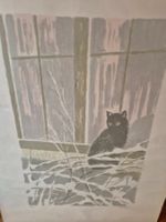 Bild: Schwarze Katze am Fenster im Schnee, Druck, handsig...