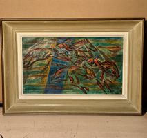 Guy David 1965 Impressionist Horse Racing Oil Painting