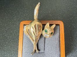 ✨Vintage Goldfarbene Katzen Brosche mit grünen Augen